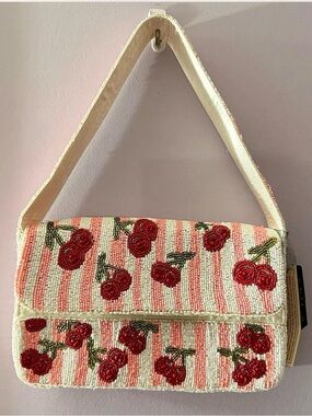 Beaded Cherry Stripe Shoulder Bag - Cream and Red